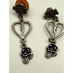 Vintage Harley Davidson Heart Rose Lightning Bolt Dangle Earrings Silver Tone